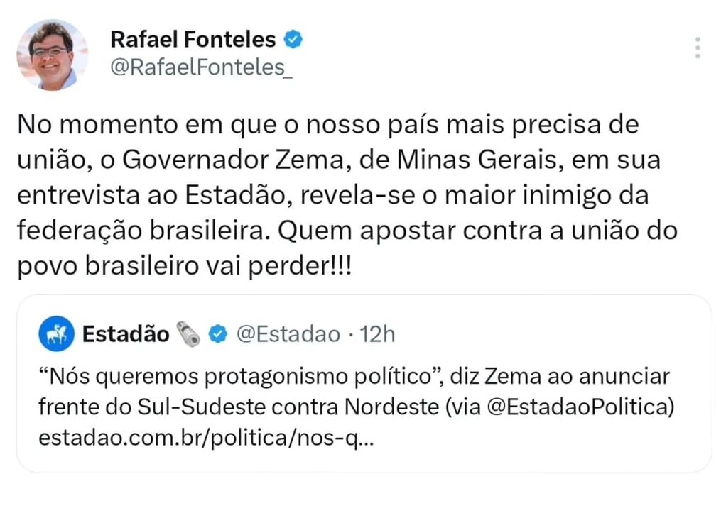 Governador Rafael Fonteles repudia fala do governador de Minas Gerais