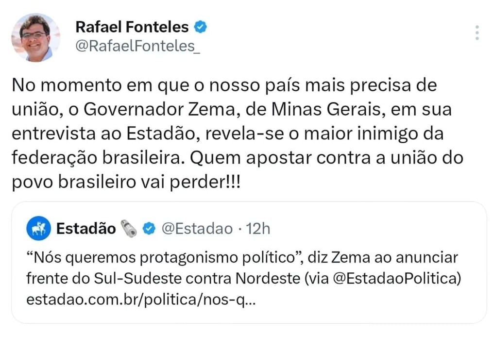Governador Rafael Fonteles repudia fala do governador de Minas Gerais