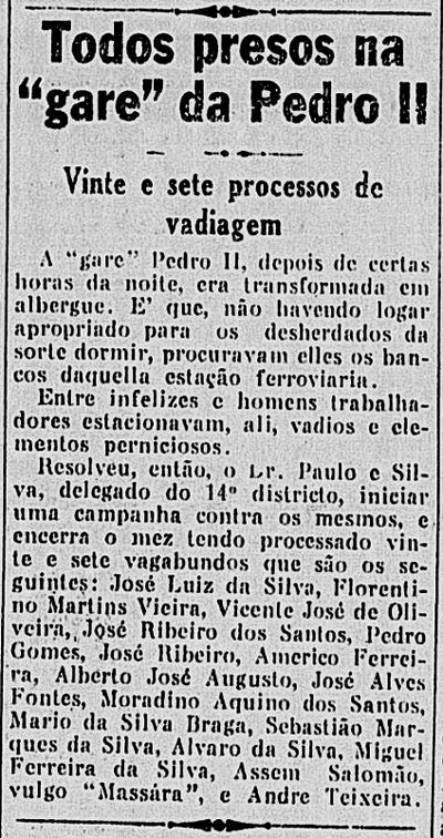 Jornal carioca A Noite noticia em 1929 prisão de pessoas por vadiagem na Estação D. Pedro II, atual Central do Brasil (Biblioteca Nacional Digital).
