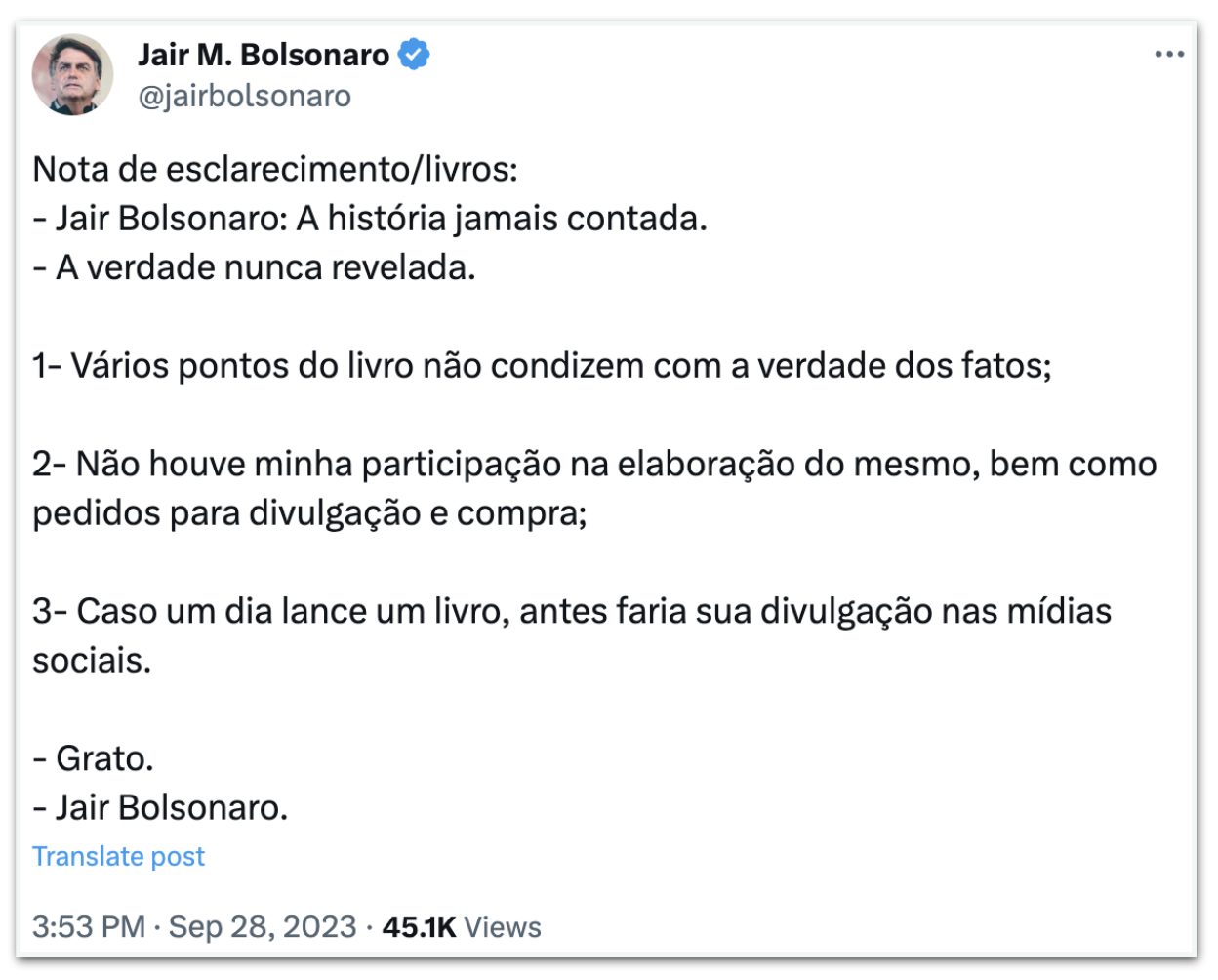Publicação de Jair Bolsonaro.