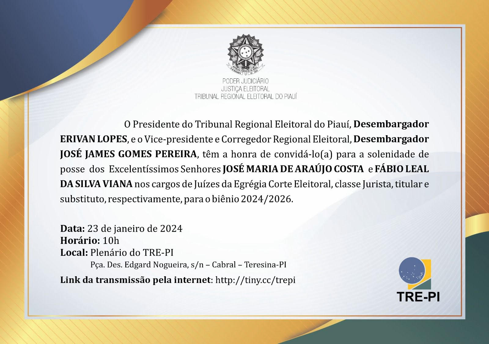 Convite do TRE para posse dos juízes titular e substituto no dia 23 de janeiro