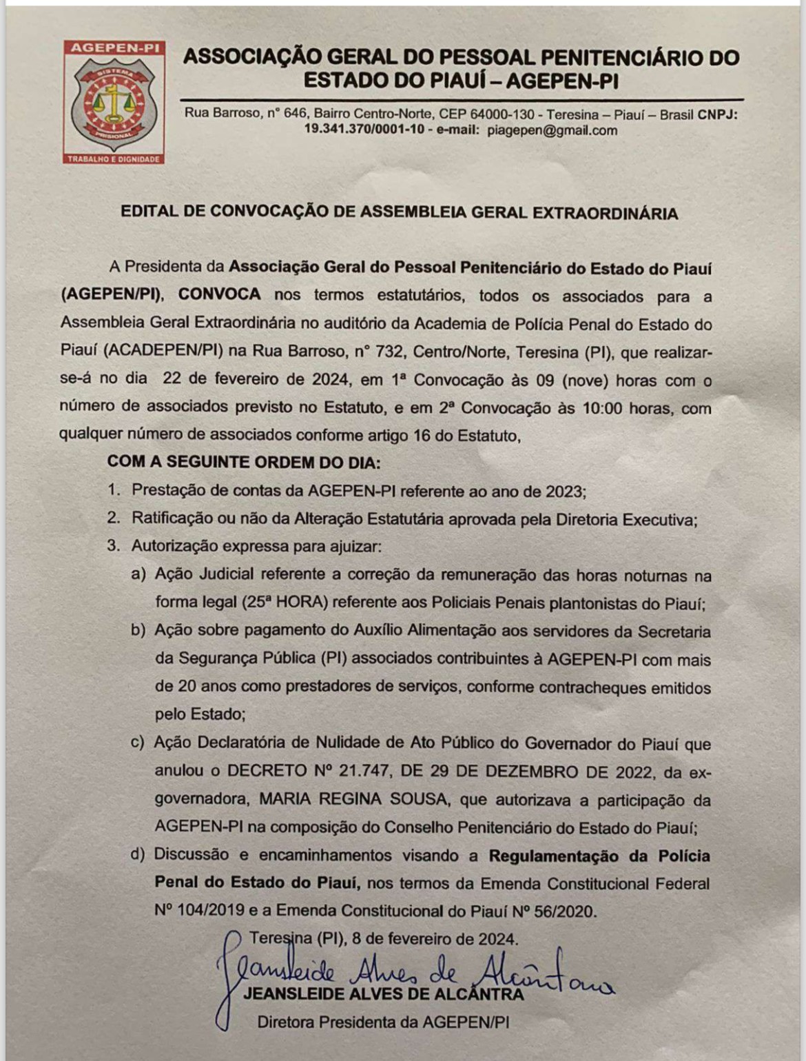 Convocação da Assembleia Geral da AGEPEN-PI