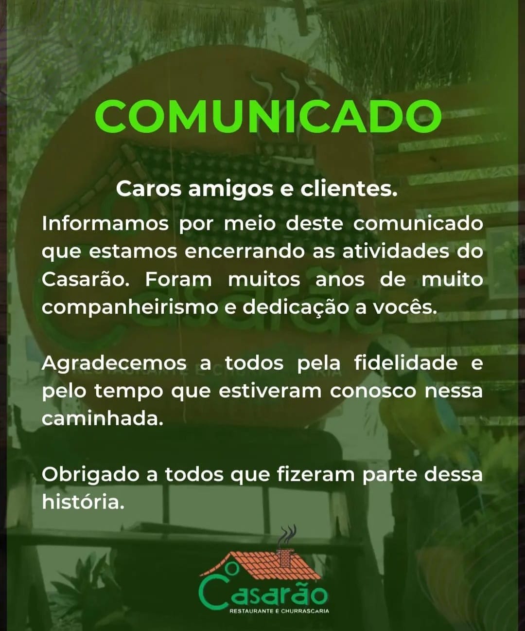 Comunicado do restaurante sobre o fim das atividades