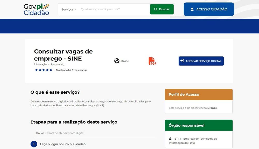 Vagas de emprego do Sine podem ser consultadas pelo Gov.pi Cidadão