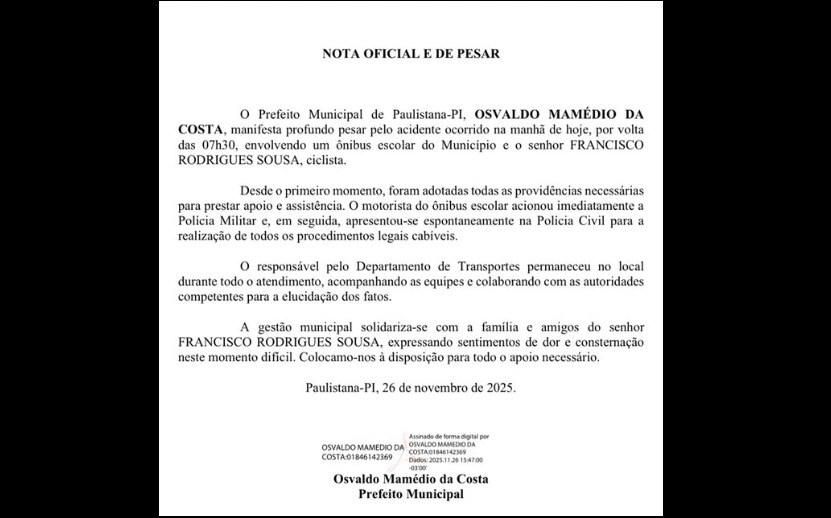 Nota de pesar da Prefeitura de Paulistana