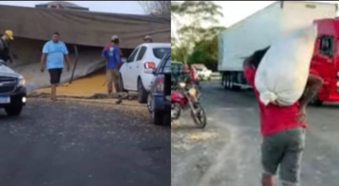 Carreta tomba no Rodoanel de Teresina e carga de milho é saqueada