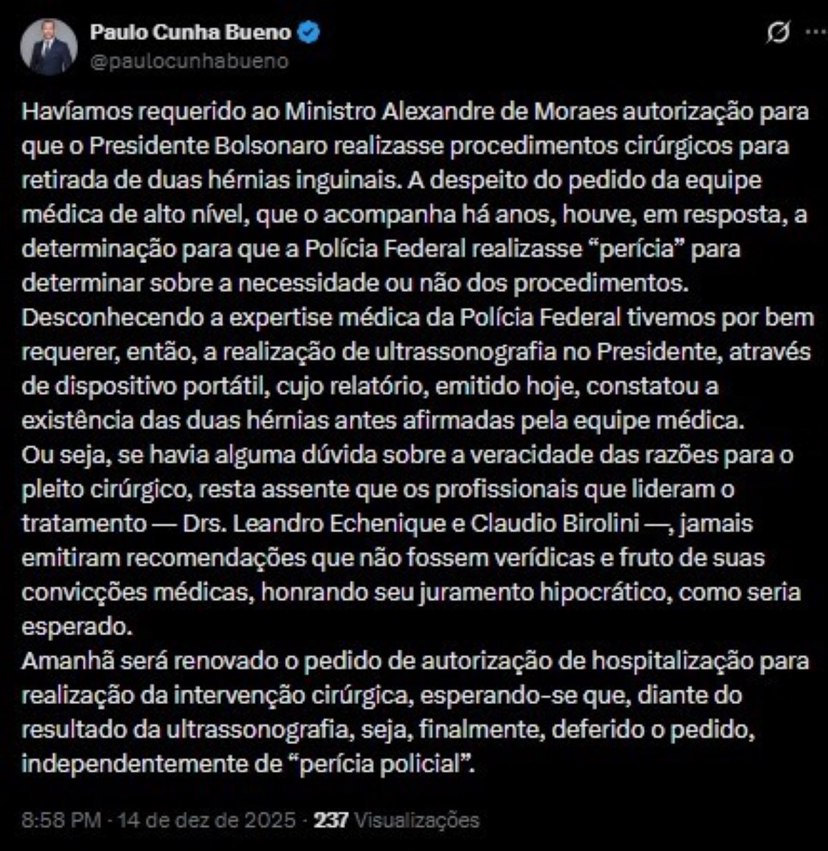 Publicação do advogado Paulo Cunha Bueno, feita no X (antigo Twitter)