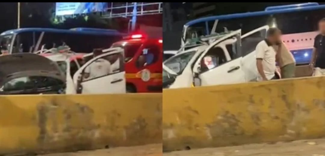 Carro fica destruído após capotar na Ponte Juscelino Kubitschek em Teresina