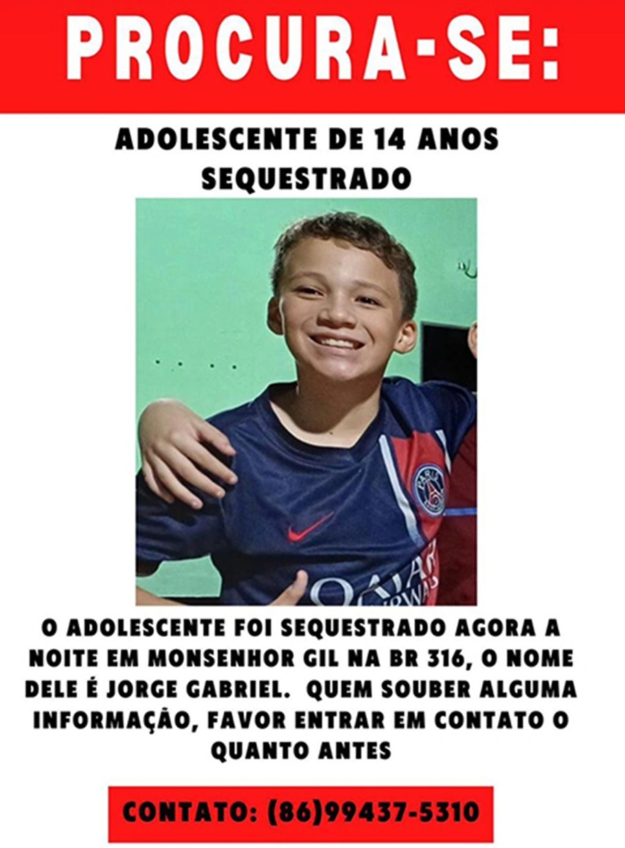 Adolescente de 14 anos é raptado às margens da BR 316 em Monsenhor Gil