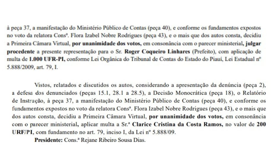 Documento do TCE-PI onde consta a multa ao ex-prefeito, Roger Linhares e a Agente de Contratação, Clarice Cristina Rocha